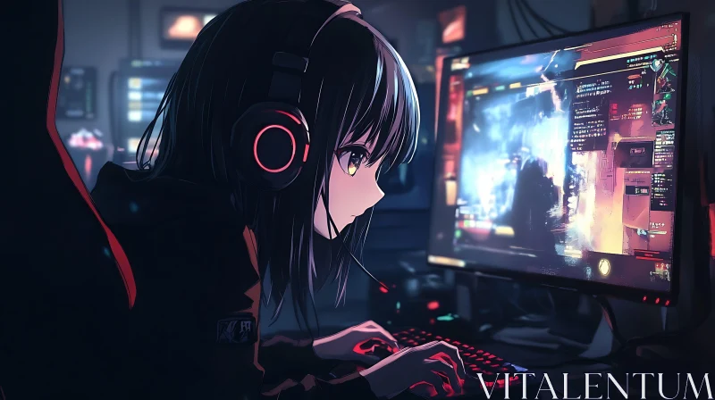 Immersed in Night Gaming: Anime Character Scene AI Image