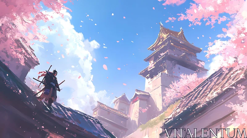 Samurai Amidst Cherry Blossoms AI Image