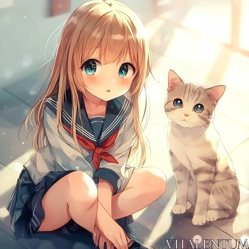 Anime Girl with Cat in Gentle Sunlight AI Image