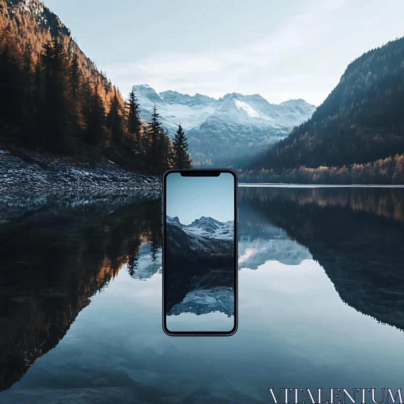 Mountain Reflection on Phone Screen AI Image