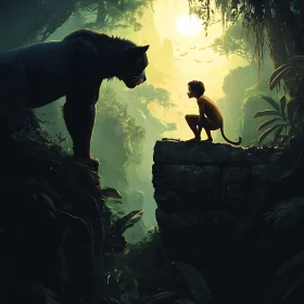 Black Panther and Child in Jungle Scene