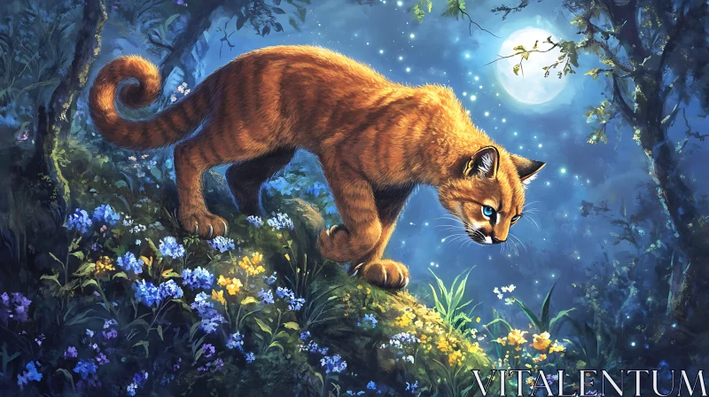 Orange Cat in Floral Nightscape AI Image