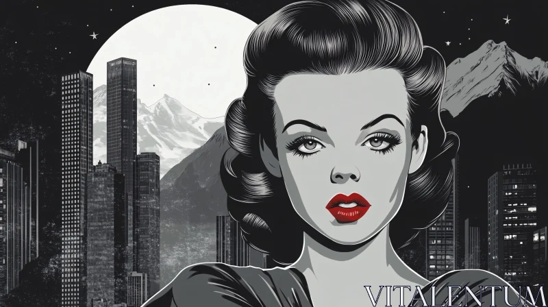 AI ART Noir Woman with Red Lips and Cityscape Background