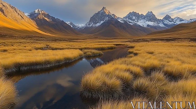 Snowy Peaks and Golden Field Scenery AI Image