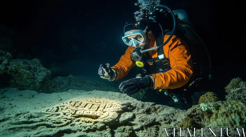 AI ART Submerged History: Diver Inspecting Ancient Art