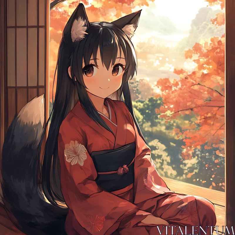 Anime Figure in Traditional Kimono with Fox Ears AI Image