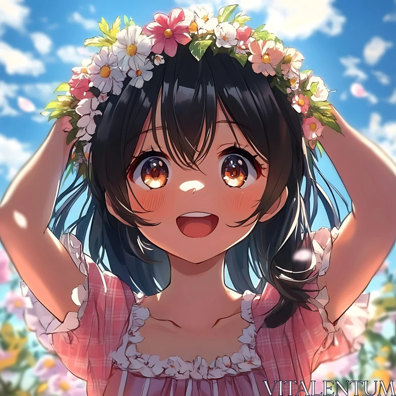 Anime Girl Radiating Happiness with Flower Crown AI Image