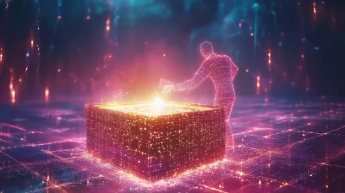 Glowing Cube and Figure Digital World