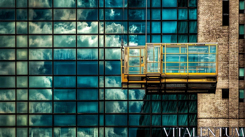 AI ART Urban Reflection: Glass Facade and Yellow Lift