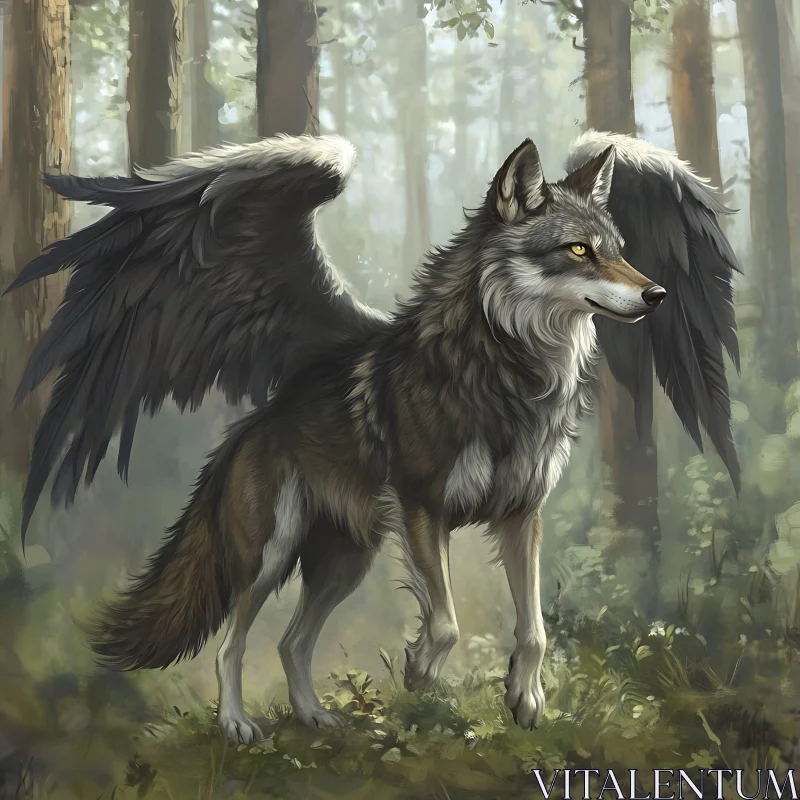 AI ART Fantasy Winged Wolf Forest Scene