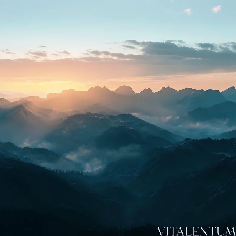 AI ART Mountain Range at Dawn with Mist