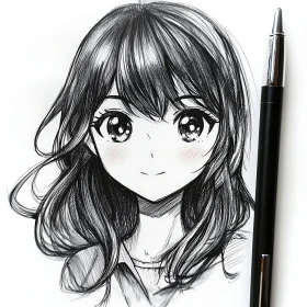 Detailed Ink Sketch of Anime Girl