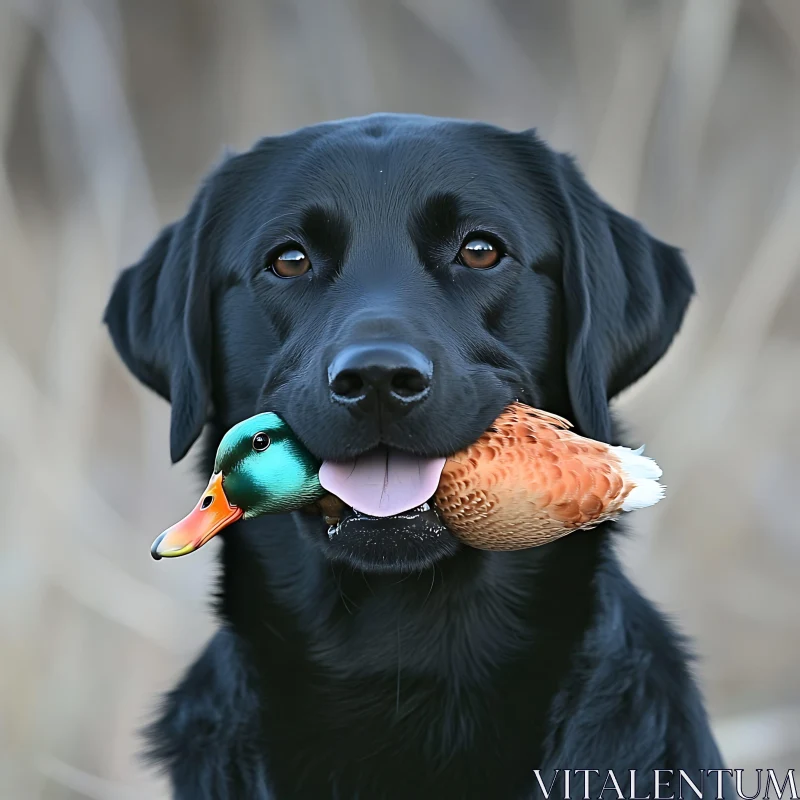 Black Labrador and Colorful Toy Duck Close-Up AI Image