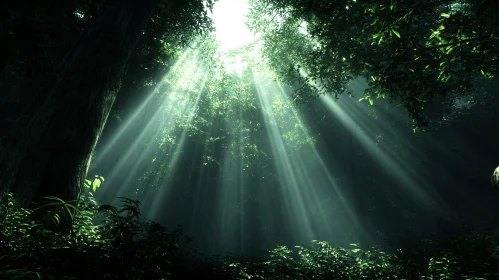 Ethereal Sun Rays in a Lush Forest