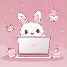 Cartoon Bunny with Laptop and Sweet Treats