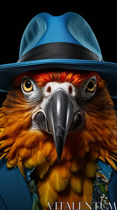Majestic Bird Portrait in Blue Plaid Jacket on Black Background AI Image
