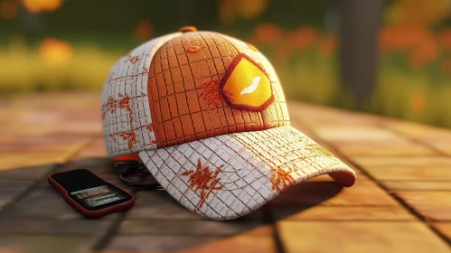 Post-Apocalyptic White Hat with Orange and White Decorations and Cell Phone