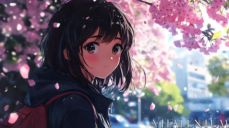 Anime Girl with Cherry Blossoms AI Image