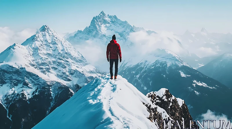 Summit View: Man on Snowy Mountain Ridge AI Image