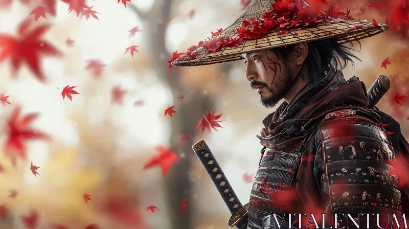 Autumn Samurai Portrait with Red Leaves AI Image