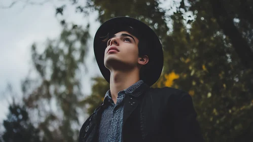 Young Man Looking Upward in Nature