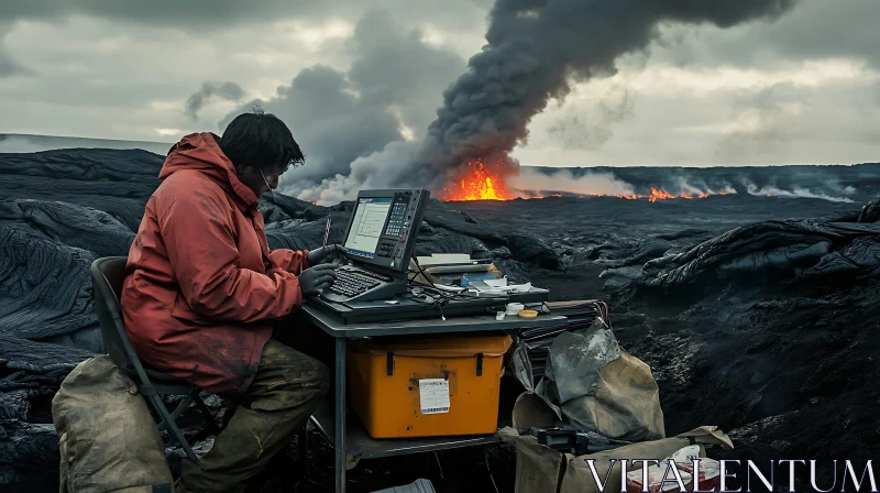 Scientist Analyzing Data Near Active Volcano AI Image