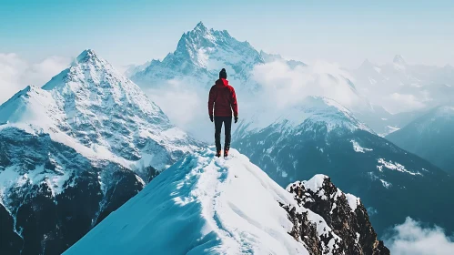 Summit View: Man on Snowy Mountain Ridge