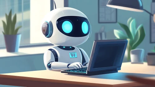 Futuristic Robot Working on Laptop