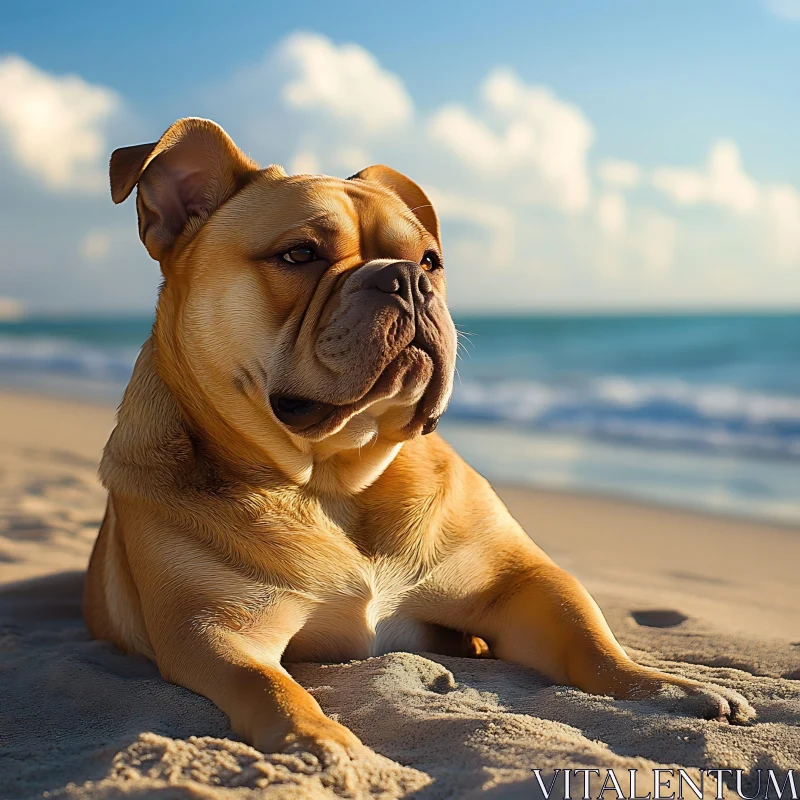 Serene Bulldog Relaxing on the Beach AI Image