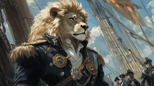 Regal Lion in Naval Uniform on Ship