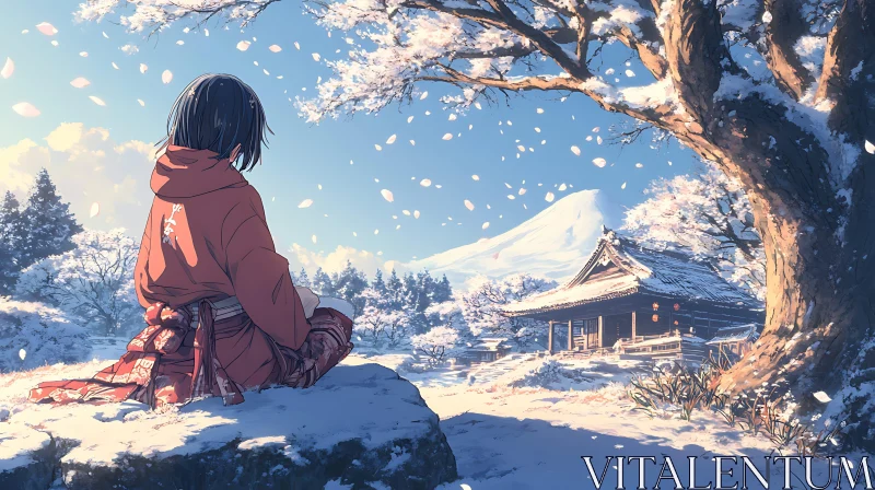 Tranquil Snowy Japanese Temple Landscape in Anime Art AI Image