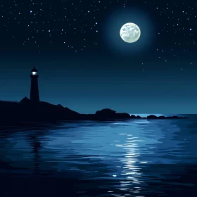 Night Seascape with Lighthouse and Moon