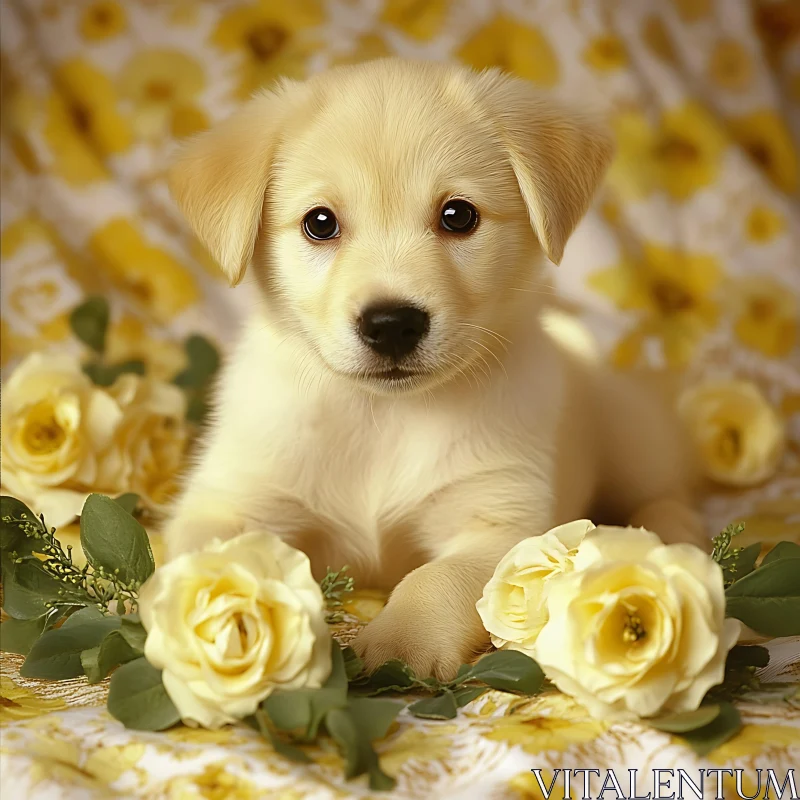 AI ART Heartwarming Image of a Puppy Among Yellow Roses