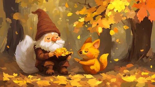 Whimsical Gnome and Fox in Autumn