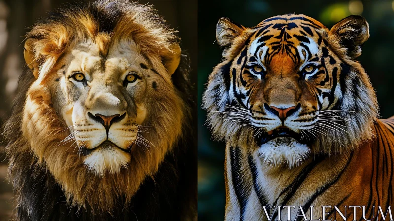 Majestic Felines: Lion and Tiger Face-Off AI Image