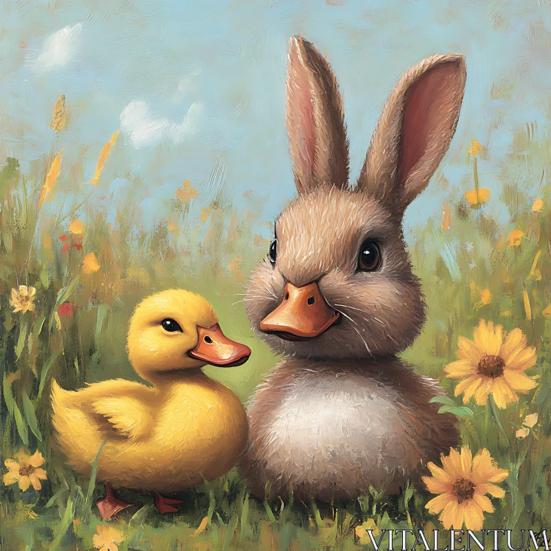 AI ART Charming Duckling and Bunny in Floral Field