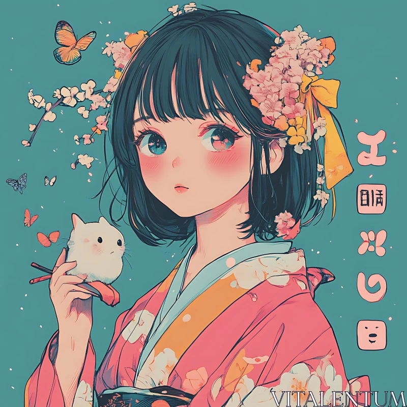 Beautiful Anime Girl with Floral Kimono AI Image