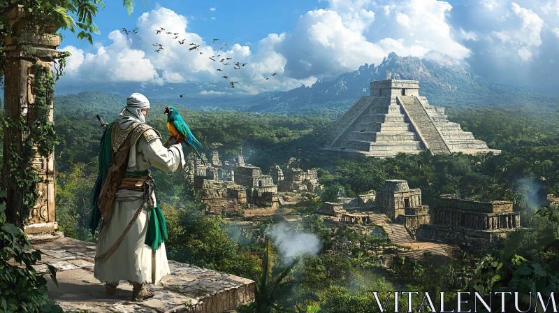 Lost World: Man and Parrot at Ruins AI Image