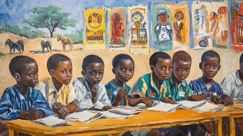Young Students at School Artwork