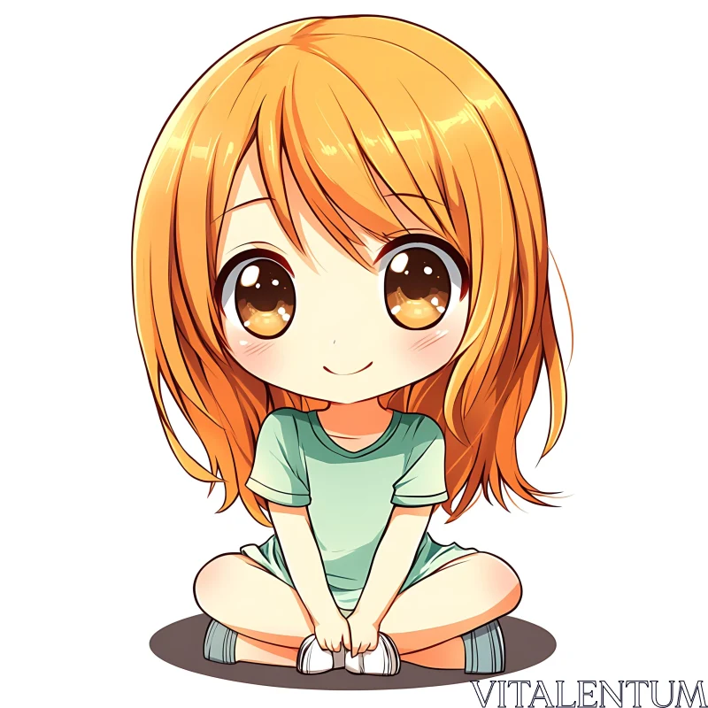 Cute Chibi Girl Sitting with Big Eyes and Orange Hair AI Image