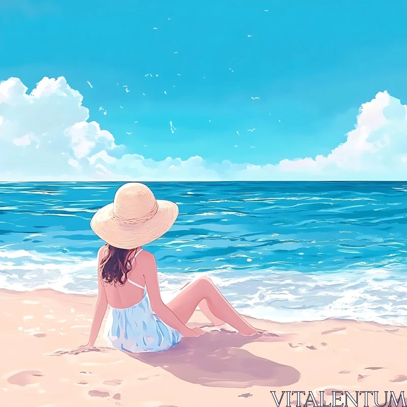 Serenity by the Sea: A Woman's Peaceful Beach Day AI Image