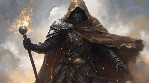 Hooded Warrior in Armor with Glowing Staff
