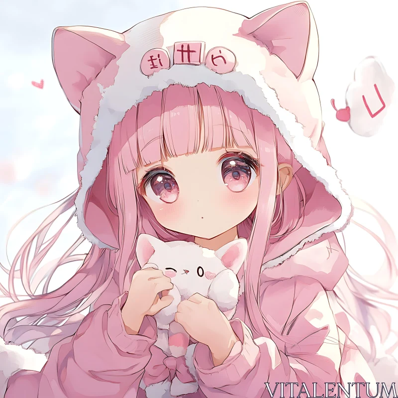 Cute Anime Girl Holding Plush Cat AI Image