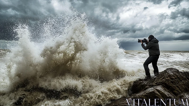 Crashing Waves Photography Under Stormy Sky AI Image