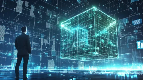 Man Contemplates Data in Digital Cityscape