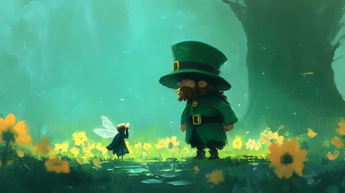 Leprechaun and Fairy in Floral Meadow