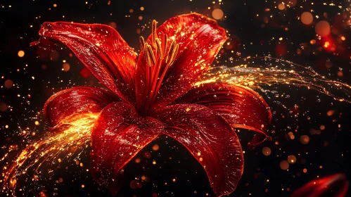 Illuminated Red Lily with Golden Particles