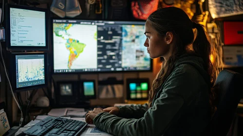 Woman Working with Data on Multiple Screens