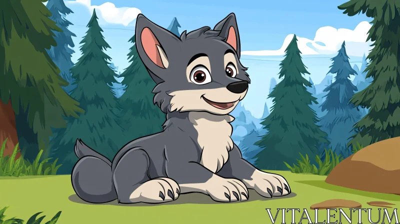 Cartoon Wolf Pup in Wooded Landscape AI Image