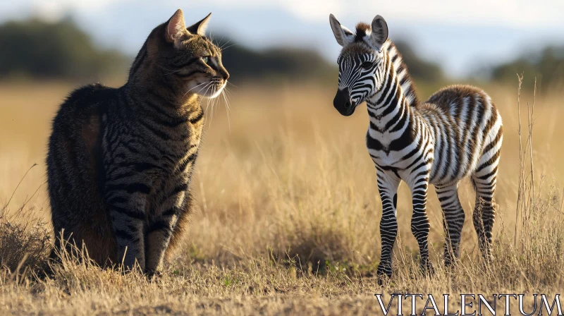 Cat and Zebra in Golden Field AI Image